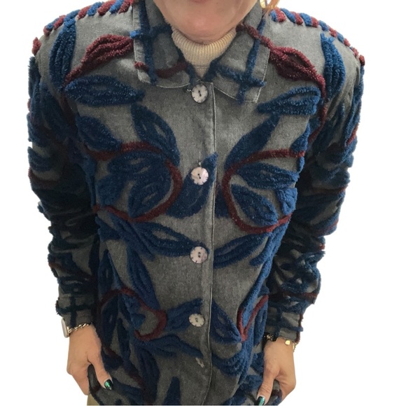 Vintage Stephanie Thomas Sports Textured Embroidered Boho Artsy Leaf Jacket - Picture 13 of 14